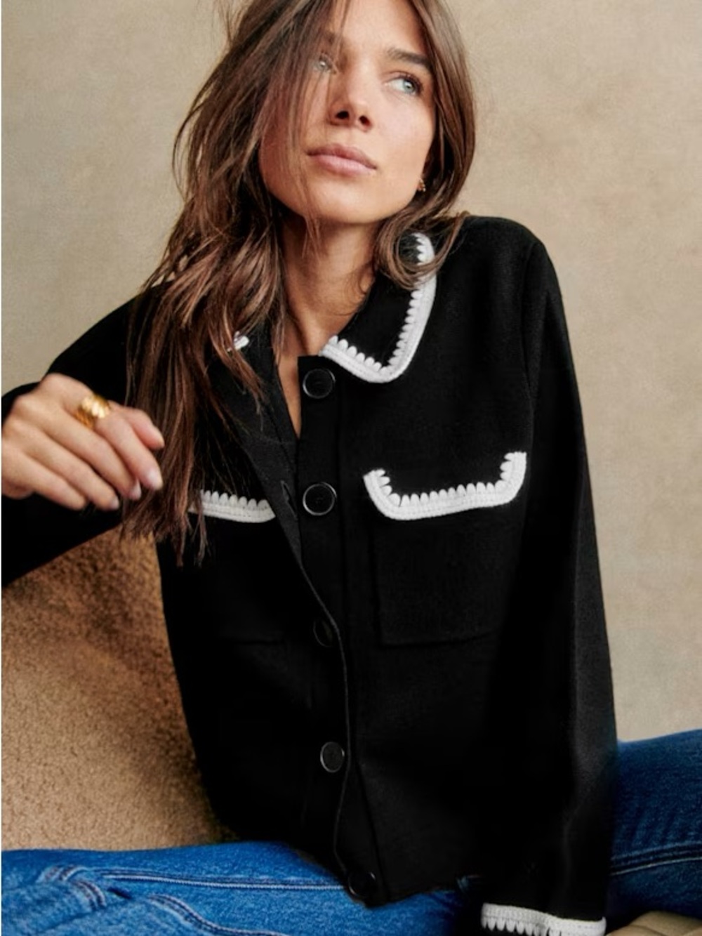 Sezane Betty Cardigan, Black and Ecru, Small, Great Condition